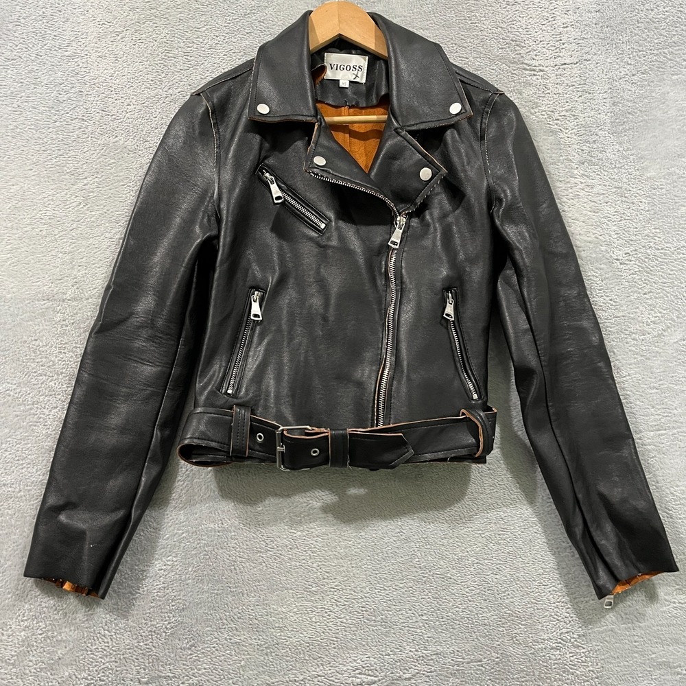 Vigoss Womens XS Faux‎ Leather Moto Biker Jacket Asymmetric Zip Belted Cropped